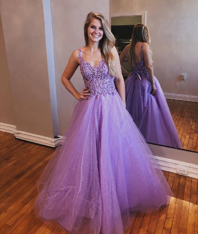 Chic Lavender Tulle Appliques Beaded A-Line Long Prom Dress JKS8427 Tulle Dress Modern