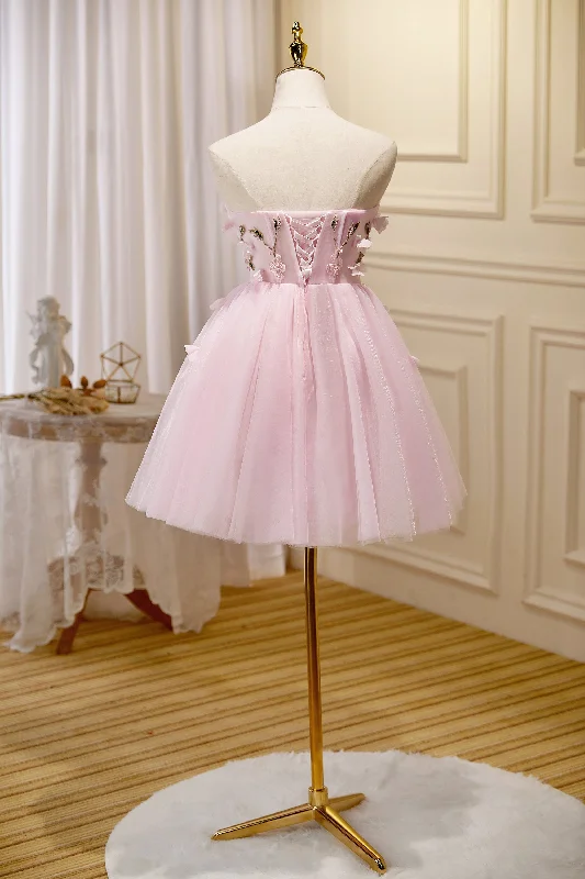 Cute Pink Strapless Sweetheart Appliques Tulle Short Homecoming Dresses Tulle Party Gown