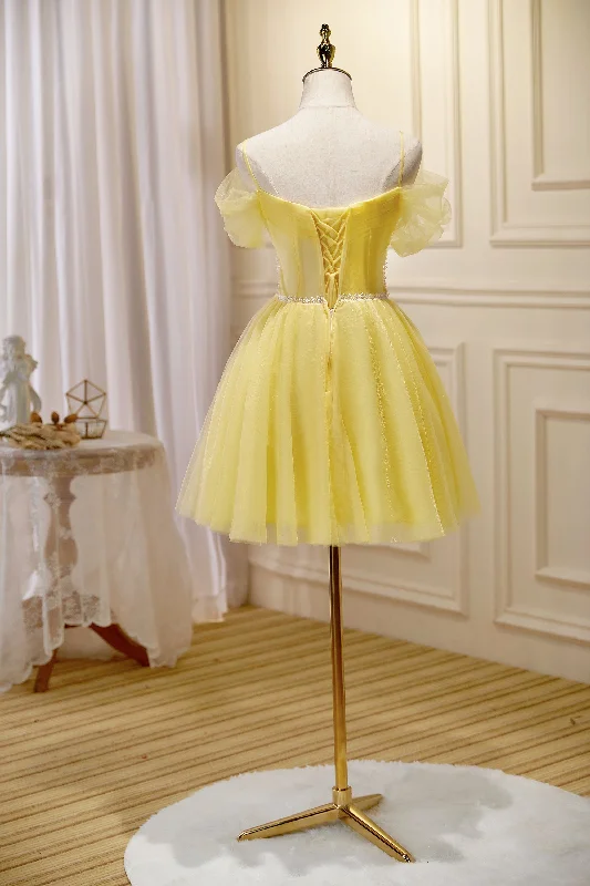 Cute Yellow Spaghetti Straps Off The Shoulder Tulle Short Homecoming Dresses Tulle Dress Flow