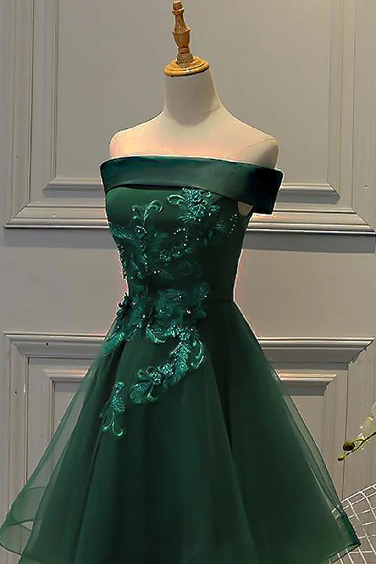 Dark Green Strapless A Line Appliques Tulle Homecoming Dresses Tulle Dress Silhouette