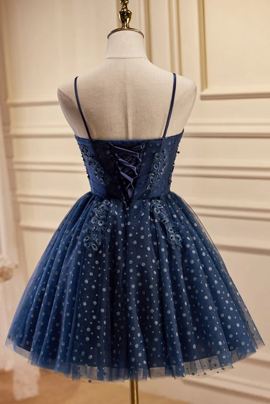 Dark Navy Spaghetti Straps Tulle Short Homecoming Dresses Soft Layered Tulle