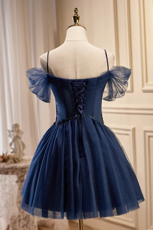 Dark Navy Spaghetti Straps V Neck Tulle Short Homecoming Dresses Tulle Dress Charm