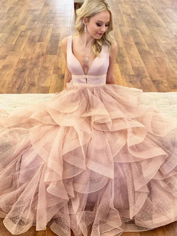 Lace Prom Dresses with Straps Deep V Neck Aline Long Tulle Pink Prom Dress JKL1626 Tulle Dress Party