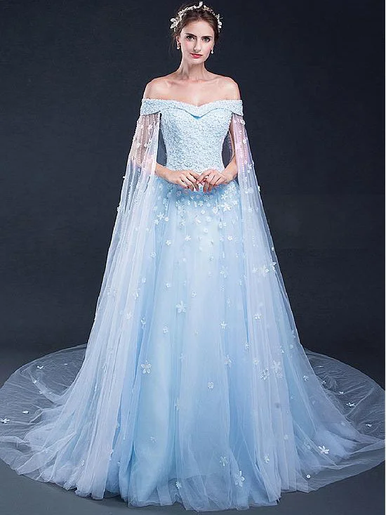 Light Sky Blue Prom Dresses Off-the-shoulder Sweep/Brush Train Tulle Prom Dress/Evening Dress JKL166 Tulle Dress Sleek