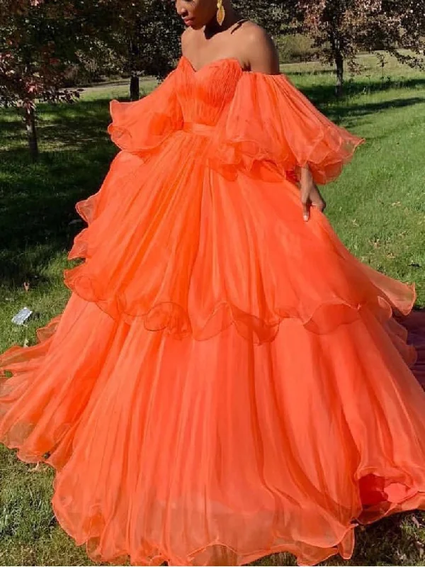 Long Sleeve Prom Dresses Ball Gown Sweetheart Orange Tulle Long Prom Dress JKL1700 Tulle Dress Flare