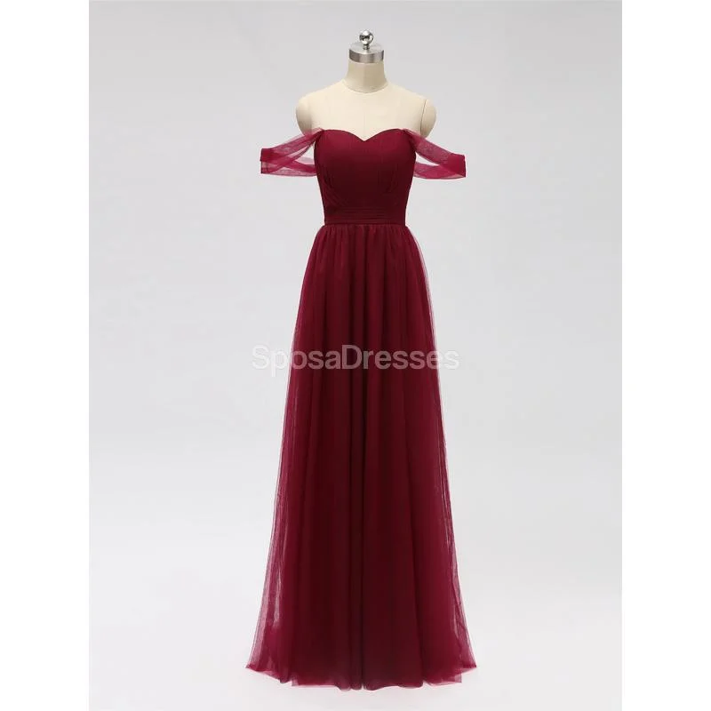 Off Shoulder Floor Length Dark Red Tulle Cheap Bridesmaid Dresses Online, WG589 Tulle Dress Glow