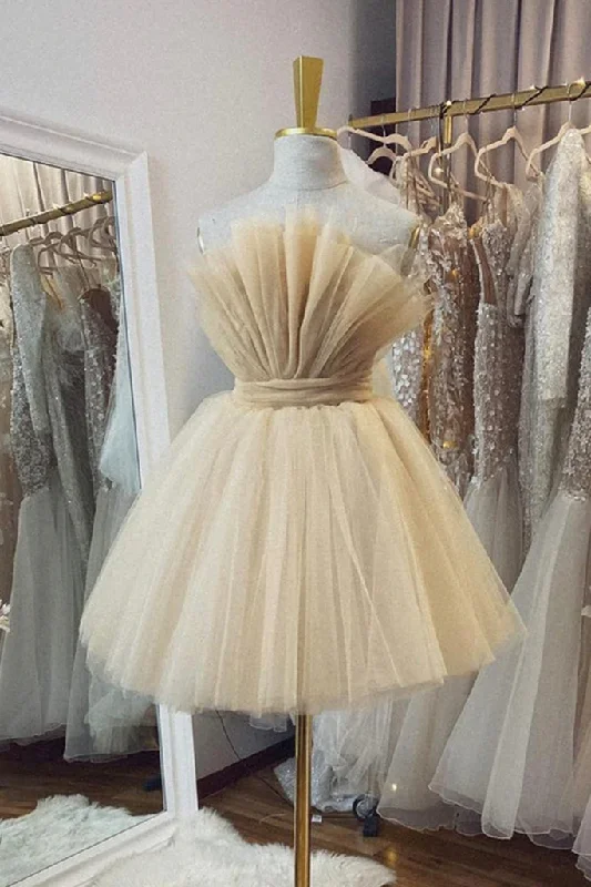 Open Back Strapless Champagne Tulle Short Prom Homecoming Formal Graduation Evening Dress GJS683 Tulle Dress Sparkle