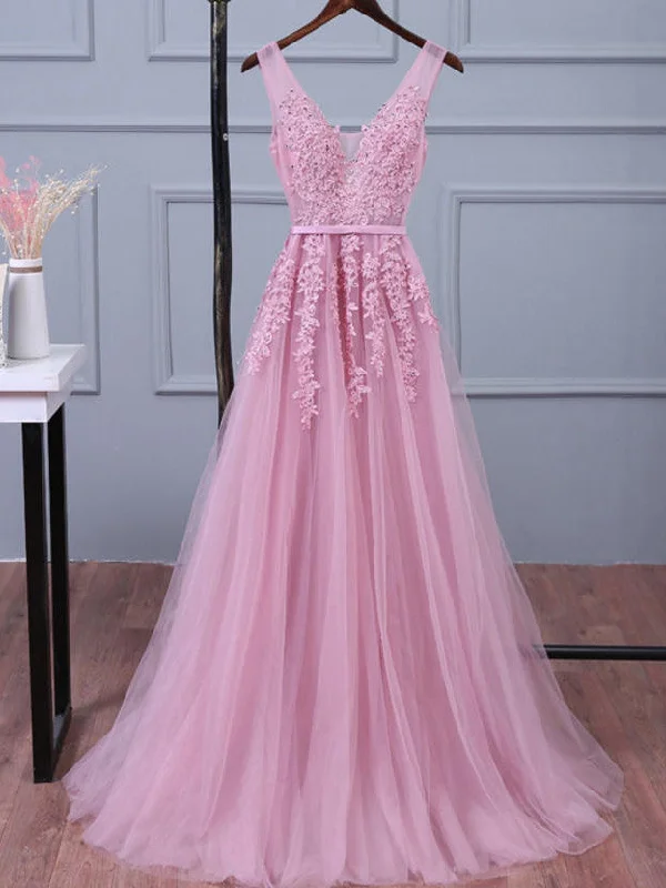 Prom Dresses Appliques V-neck Long Tulle Prom Dress/Evening Dress #JKL019 Romantic Tulle Gown