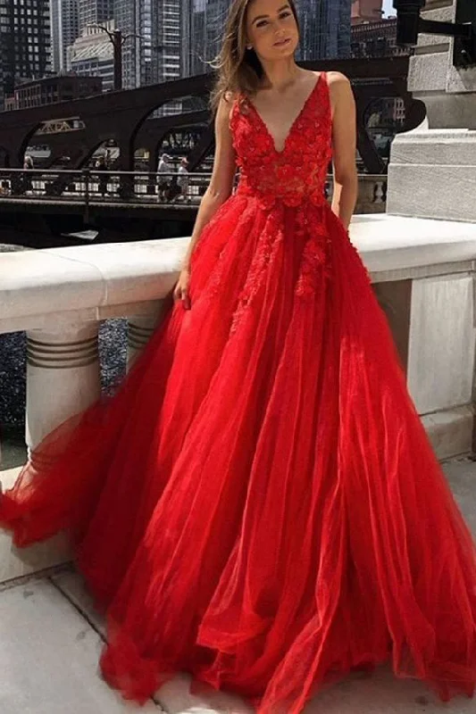 Red A Line Tulle With Appliques V Neck Long Prom Dresses GJS641 Classic Tulle Dress