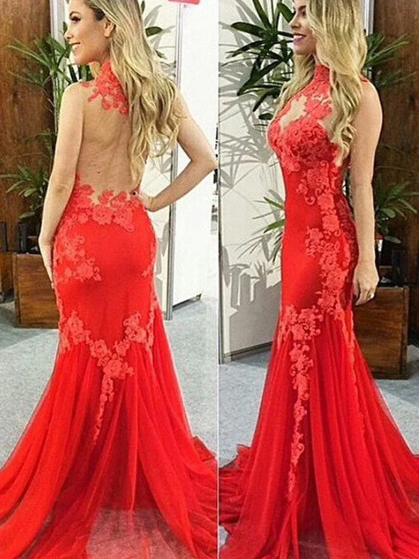 Red simple prom dresses Sheath Column High Neck Floor-length Tulle Prom Dress Evening Dress MK125 Tulle Dress Glamour