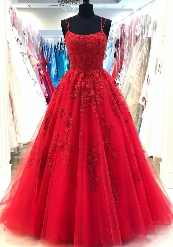 Red Spaghetti Straps Tulle Lace Appliques Modest Evening Dress Long Prom Dress JKN4102 A-line Tulle Dress