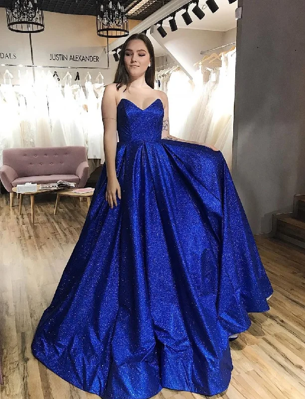 Royal Blue Tulle Strapless V-neck A-Line Sparkle Prom Dress with Pockets JKQ107 Tulle Dress Flare