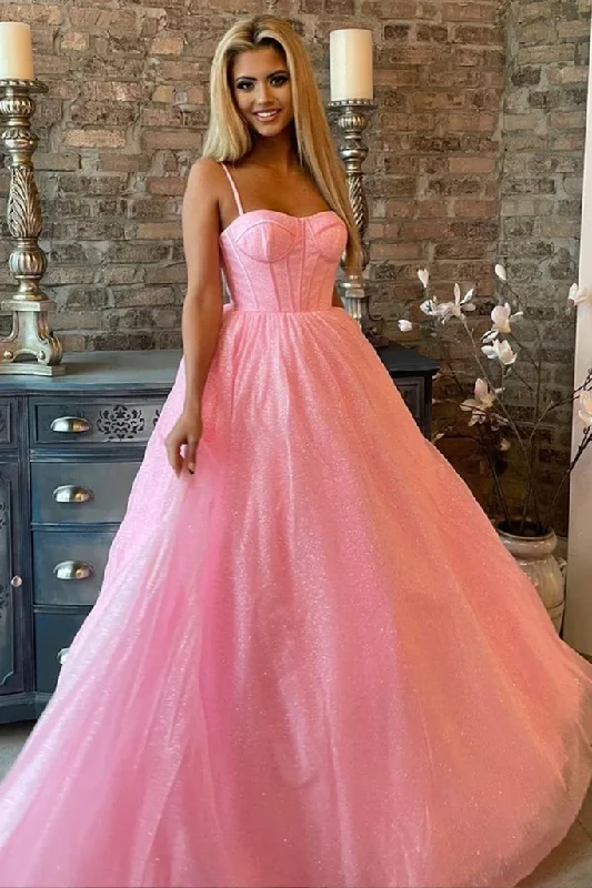 Shiny Pink Tulle Spaghetti Straps Sparkly  Long Prom Formal Evening Dress  ZXS707 Party Tulle Dress