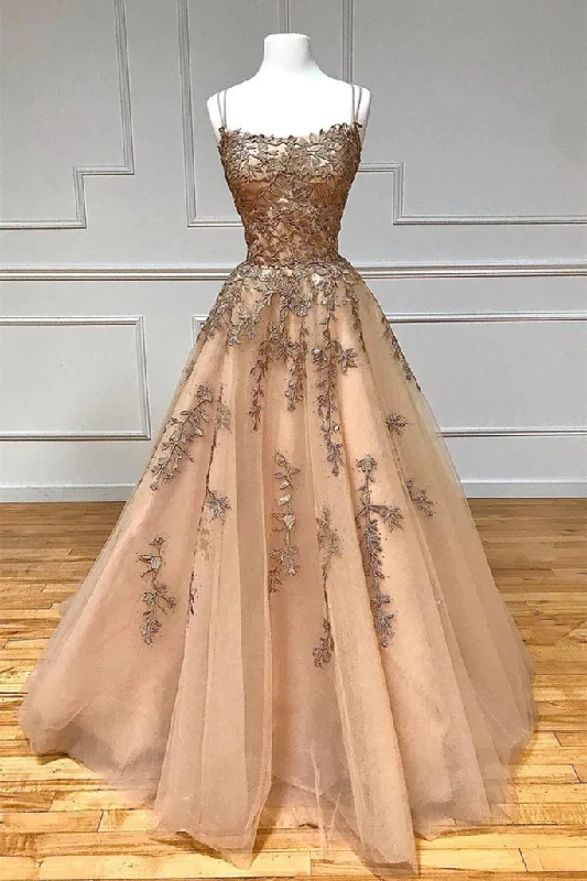 Spaghetti Straps Champagne Lace Tulle Long Prom Dress GJS696 Stylish Tulle Dress