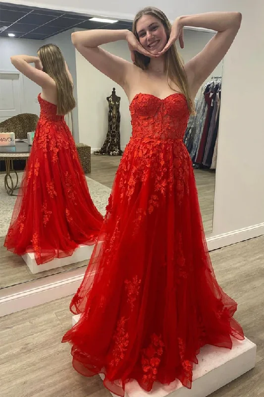 Strapless Red Tulle Long Prom Dress with Lace Appliques GJS706 Romantic Tulle Dress