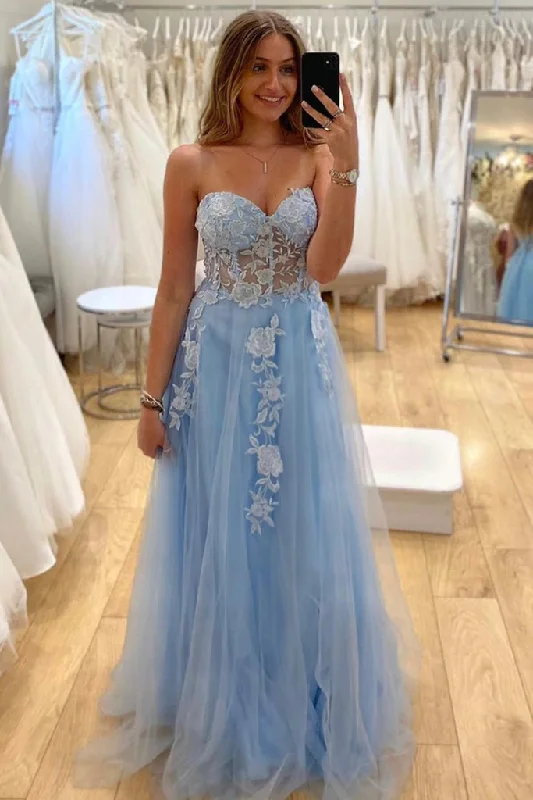 Sweetheart Neck Strapless Blue Lace Appliques Tulle Long Prom Dress GJS694 Black Tulle Dress