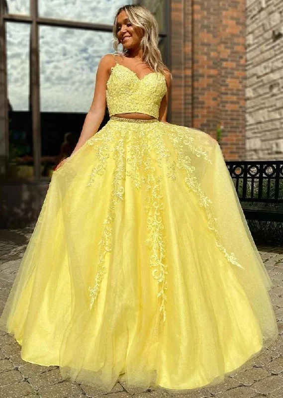 Yellow Tulle Appliques A-Line Long Two Piece Prom Dress JKZ8613 Tulle Dress Fluffy