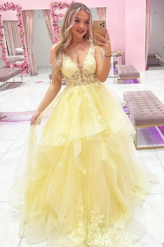 Yellow Tulle Lace V Neck Layered Long Prom Formal Dress GJS458