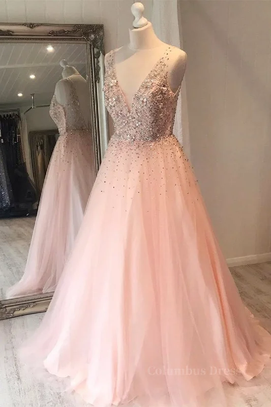 A Line V Neck Sequins Pink Long Corset Prom Dress, Pink Corset Formal Graduation Evening Dress outfit