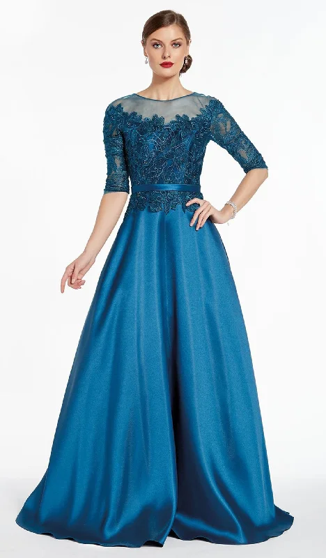 Alyce Paris - 27307SC Quarter Sleeve Illusion Neck Lace Mikado Gown