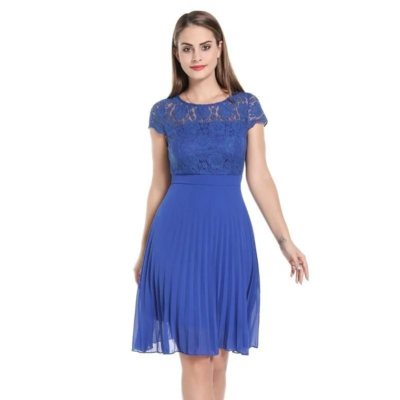 Blue Elegant Workwear Lace Pleated Chiffon Casual High Waist Summer Office Lady Swing Dress