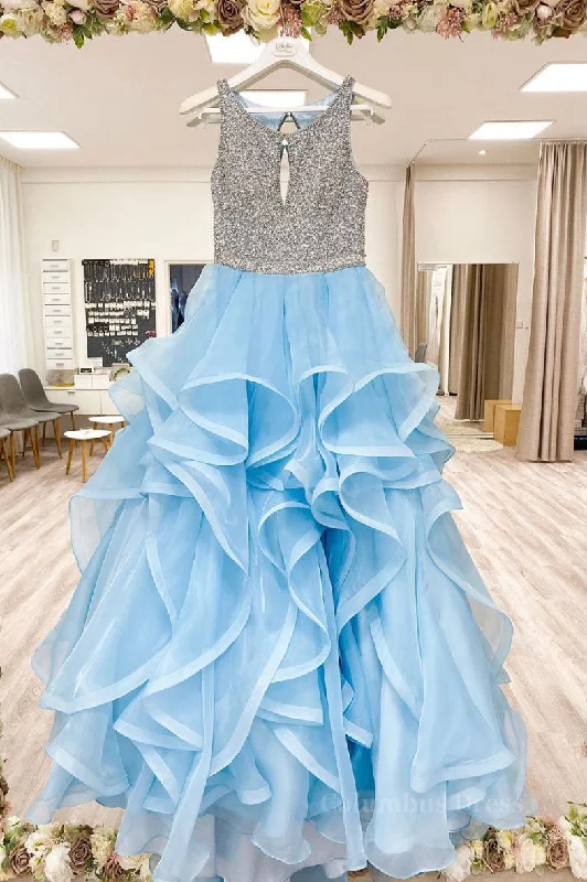 Blue round neck tulle sequin long Corset Prom dress blue tulle Corset Formal dress outfit