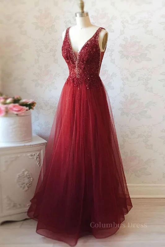 Burgundy v neck tulle sequin lace long Corset Prom dress outfits