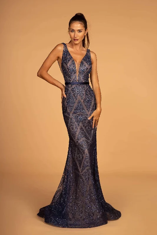 Elizabeth K GL2646 - Plunging Sequin Evening Dress