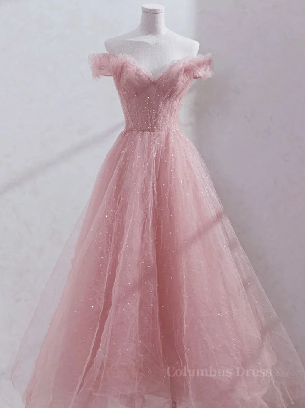 Pink off shoulder tulle sequin long Corset Prom dress, pink Corset Formal dress outfit