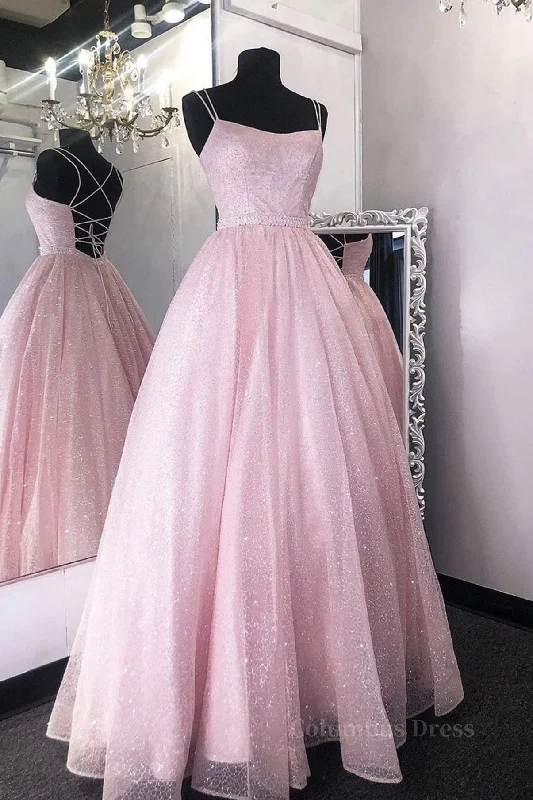 Pink tulle sequin long Corset Prom dress pink tulle Corset Formal dress outfit