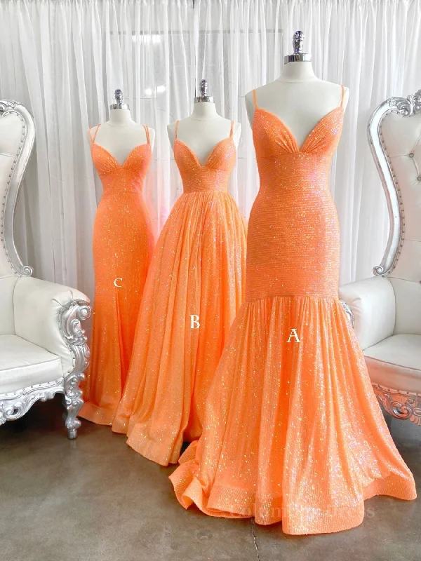 Simple Orange sequin long Corset Prom dress orange long evening dress outfit