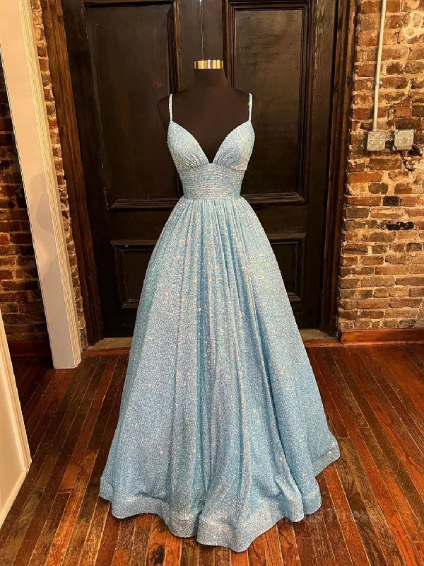 Simple v neck sequin long Corset Prom dress, blue sequin Corset Formal dress outfit