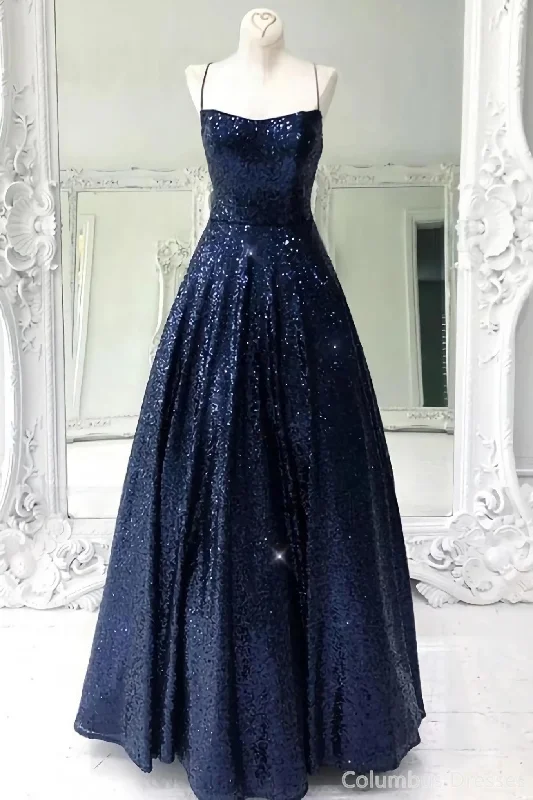 Stunning Sleeveless A Line Navy Blue Sequin Corset Prom Dresses outfit