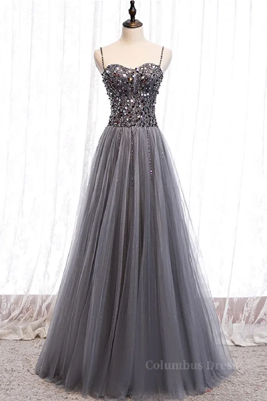 Sweetheart Neck Grey Sequins Tulle Long Corset Prom Dress, Grey Sequins Corset Formal Evening Dress outfit