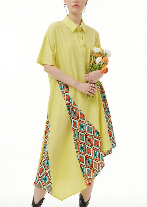 Bohemian Yellow Asymmetrical Print Patchwork Chiffon Shirts Dresses Summer LY1217 Midi Shirt Dress