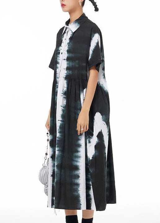 Italian Black Peter Pan Collar Wrinkled Tie Dye Patchwork Cotton Shirts Dress Summer LY1235 Boho Shirt Dress