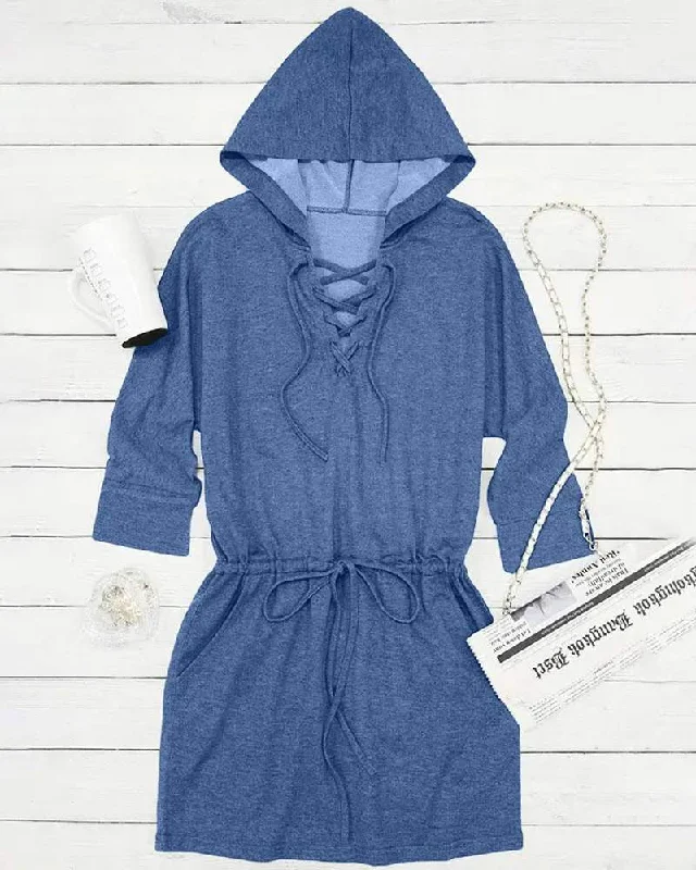 LACE UP DRAWSTRING HOODED SWEATSHIRT DRESS Office Shirt Dress