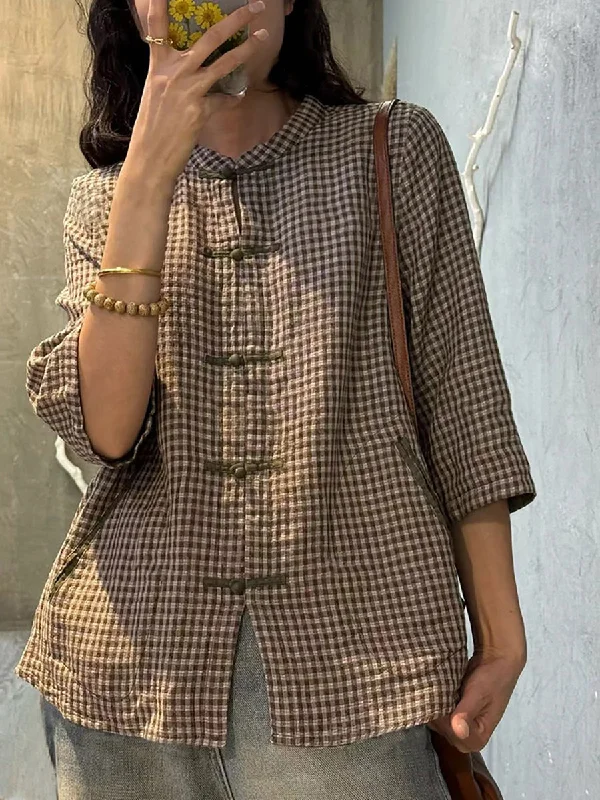 Plus Size Women Retro Plaid Summer Cotton Button-up Shirt XX1062 Shift Shirt Dress