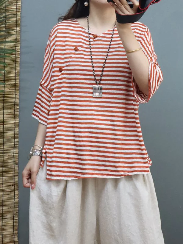 Plus Size Women Summer Vintage Stripe Linen Shirt SC1027 Day Shirt Dress