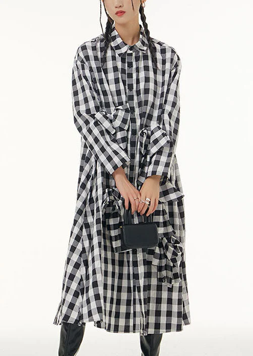 Stylish Plaid Peter Pan Collar Bow Patchwork Cotton Shirts Dresses Spring LY1160 A-line Shirt Dress