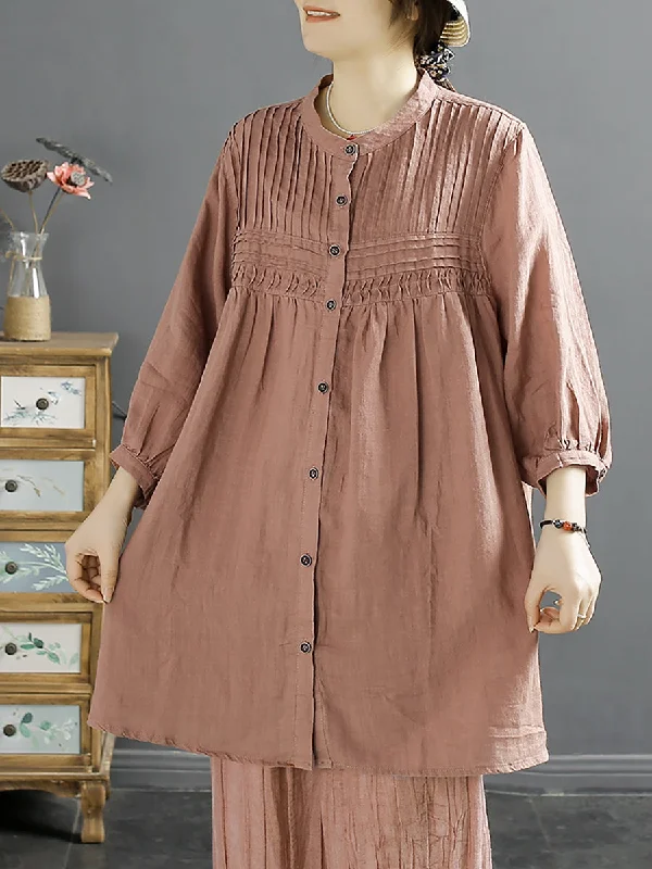 Women Artsy Summer Shirred Solid Linen Shirt SC1058 Modern Button Shirt