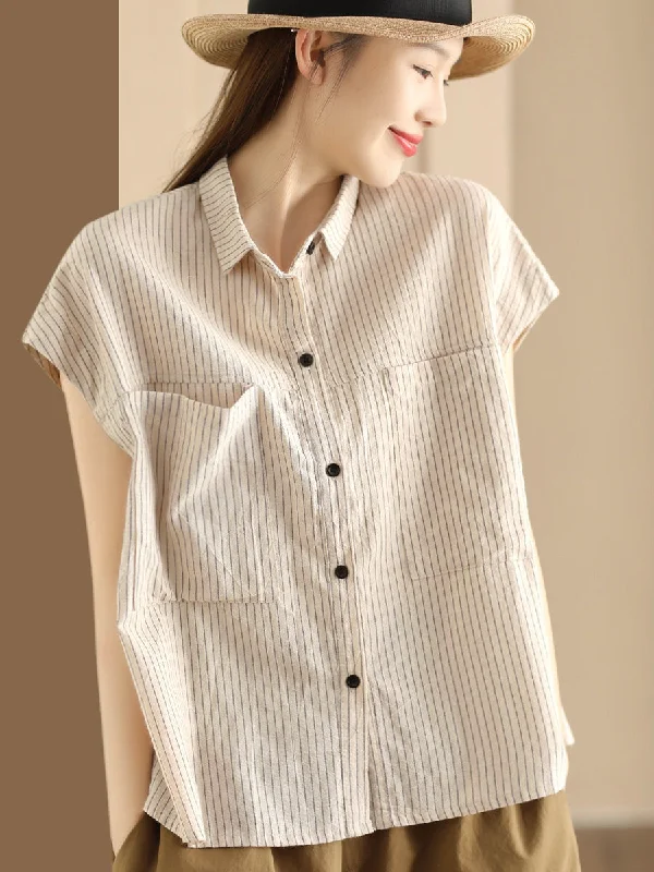 Women Artsy Summer Stripe Linen Button-up Shirt SC1046 Button Front Shirt