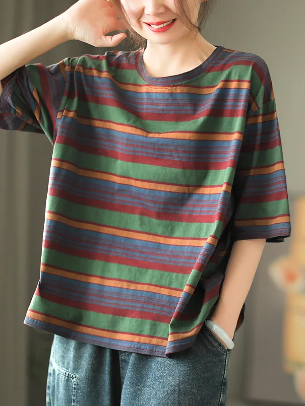 Women Casual Stripe Summer O-Neck Cotton Shirt XX1010 Oversized Shirt Dress