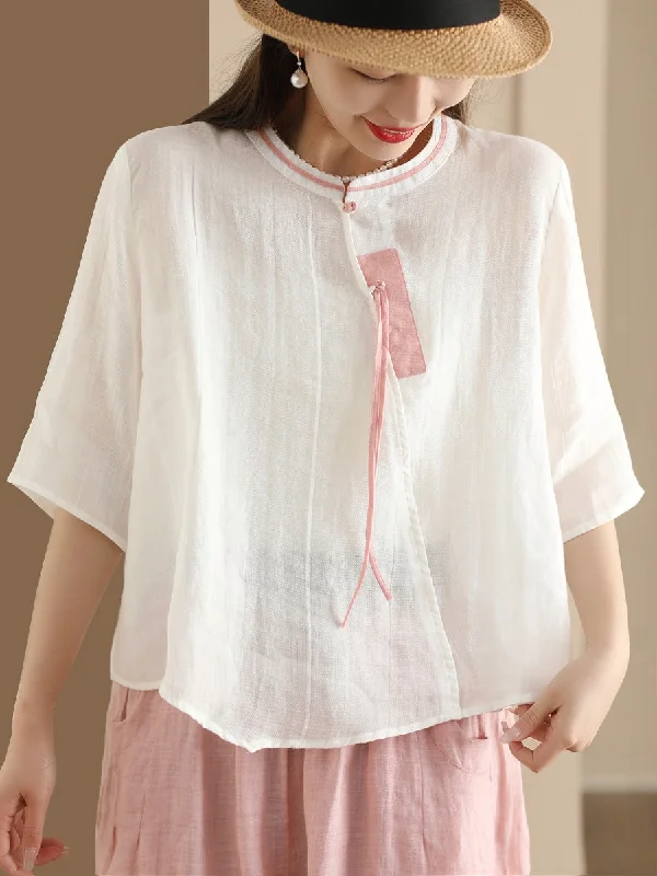 Women Ethnic Summer Spliced Ramie Shirt SC1022 Stylish Button Shirt