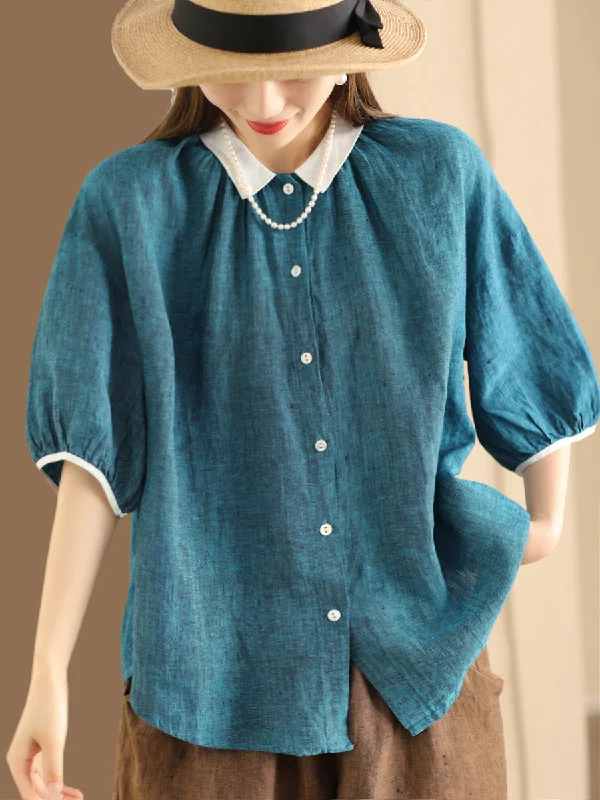 Women Summer Artsy Colorblock Button-up Linen Shirt XX1009 Short Shirt Dress