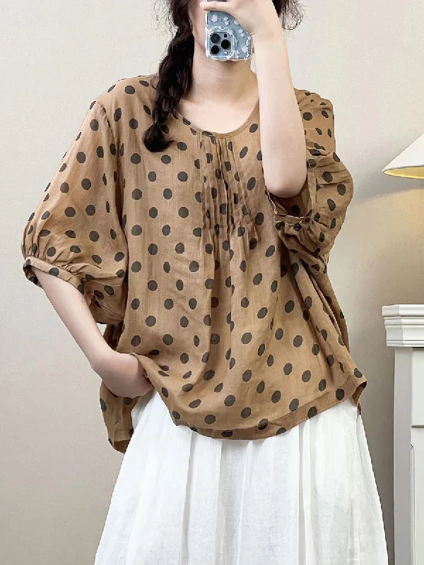 Women Summer Artsy Dot Shirred Ramie Loose Shirt SC1035 Relaxed Fit Shirt