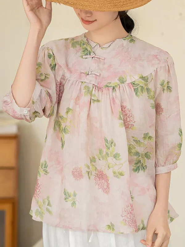 Women Summer Artsy Floral Ramie Loose Shirt XX1033 Button-down Shirt Dress