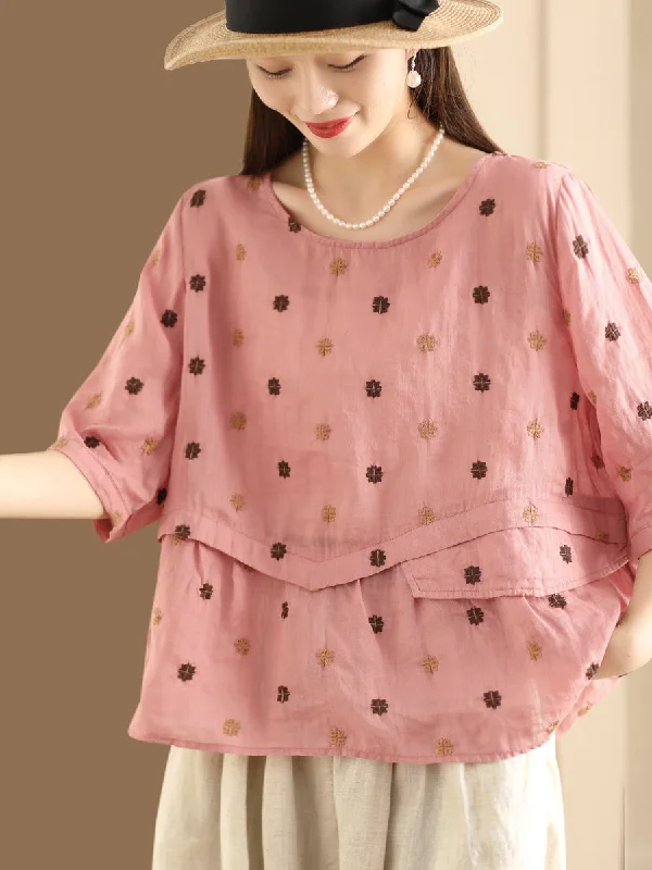 Women Summer Embroidery Spliced Ramie Loose Shirt XX1046 Comfy Shirt Dress