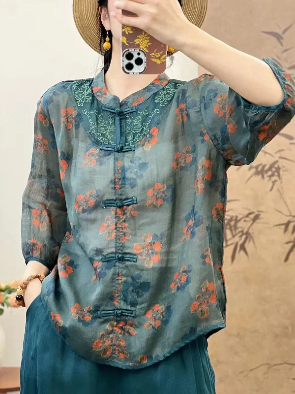 Women Summer Ethnic Flower Spliced Ramie Shirt XX1016 Pleated Shirt Dress