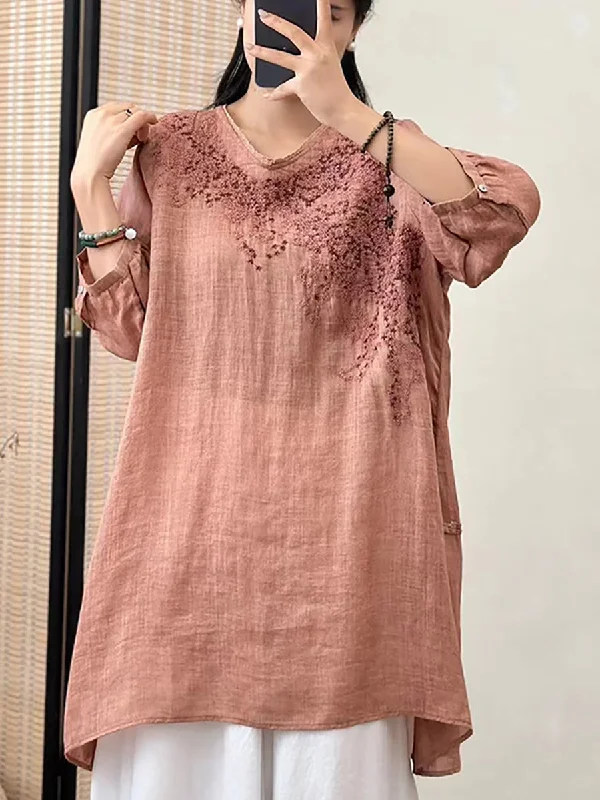 Women Summer Floral Embroidery Ramie Loose Shirt XX1036 Relaxed Shirt Dress